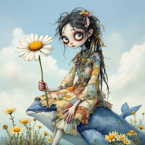Girl on Whale Clipart Set – Whimsical Fantasy Art (20 JPG) — view 7 — watercolor clipart transparent PNG instant download