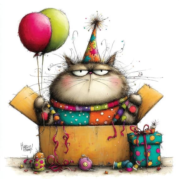 12 Clipart Quirky Happy Birthday Cats Printable — watercolor clipart transparent PNG instant download