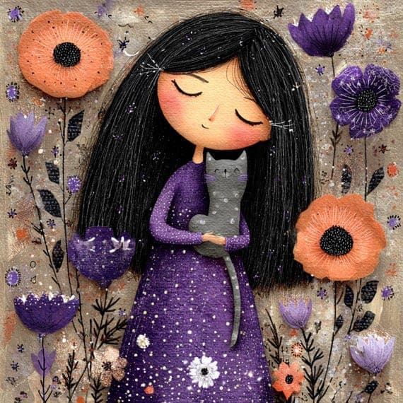 15 Purple Girl & Cat Clipart – Printable Whimsical Folk Art for Junk J — view 5 — watercolor clipart transparent PNG instant download