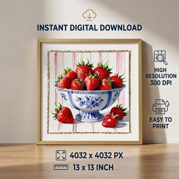 8 Strawberry Chinoiserie Print β view 3 β watercolor clipart transparent PNG instant download