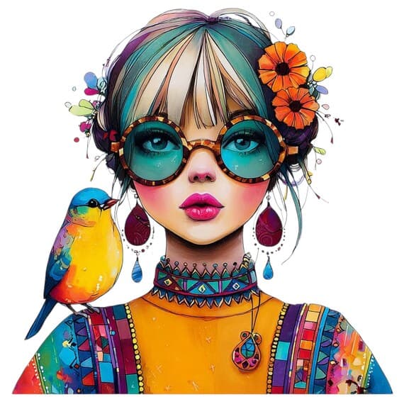 12 Whimsical Girl with Bird and Flowers – Colorful Art Print for Kids — view 4 — watercolor clipart transparent PNG instant download