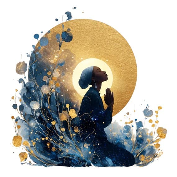 Celestial Praying Woman Clipart – Afro Divine Faces, Gold Halo (Digita — view 7 — watercolor clipart transparent PNG instant download