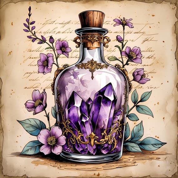 Watercolor Crystal Potion Bottle Clipart – Witchy Elixir Art (JPG) — view 2 — watercolor clipart transparent PNG instant download