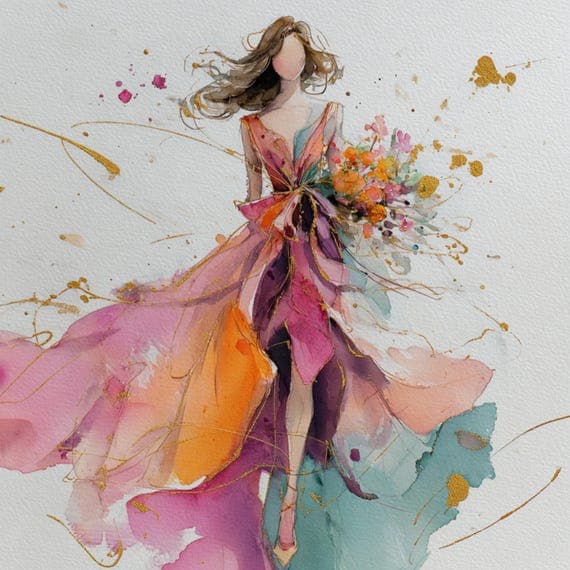 Floral Dress Woman Clipart β view 7 β watercolor clipart transparent PNG instant download