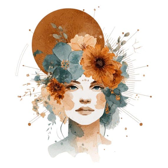 Terracotta Floral Goddess Clipart – Boho Celestial Woman Faces (PNG JP — view 7 — watercolor clipart transparent PNG instant download
