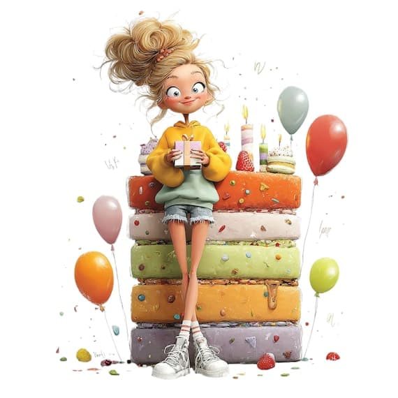 20 Playful Birthday Girl Clipart Bundle – Fun Cake & Balloon Illustrat — view 6 — watercolor clipart transparent PNG instant download