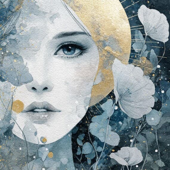 Celestial Woman Clipart – Blue & Gold Floral Faces (JPG) — watercolor clipart transparent PNG instant download