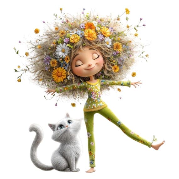Whimsical Girl and Cat Clipart – Floral Hair Art (JPG) — view 4 — watercolor clipart transparent PNG instant download