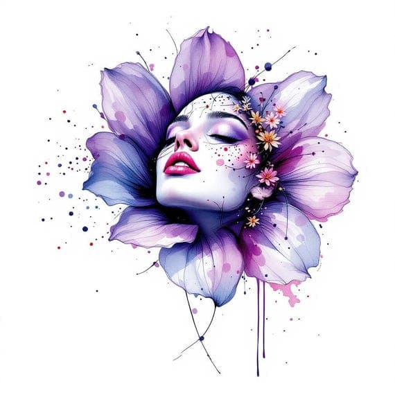 Floral Woman Face Watercolor Clipart – Violet PNG Images (Digital Down — view 3 — watercolor clipart transparent PNG instant download