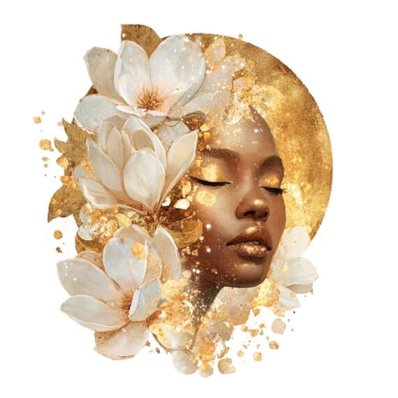 15 Golden Magnolia Woman Faces Clipart (PNG JPG) – Celestial Floral Go — view 5 — watercolor clipart transparent PNG instant download