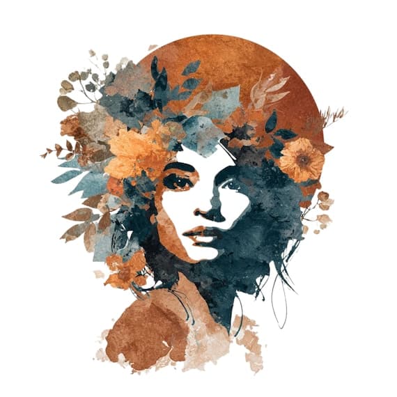 Terracotta Floral Goddess Clipart – Boho Celestial Woman Faces (PNG JP — view 2 — watercolor clipart transparent PNG instant download