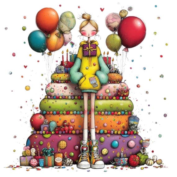 15 Quirky Birthday Girl Clipart Bundle – Fun Cake & Balloon Illustrati — view 4 — watercolor clipart transparent PNG instant download