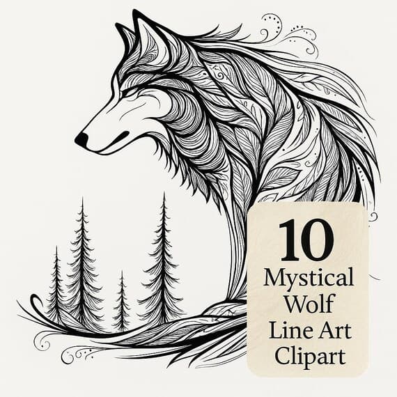 10 Mystical Wolf Line Art Illustrations β Printable Clipart (JPG) β watercolor clipart transparent PNG instant download