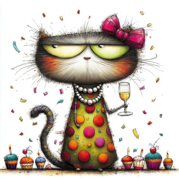 12 Clipart Quirky Happy Birthday Cats Printable β view 5 β watercolor clipart transparent PNG instant download