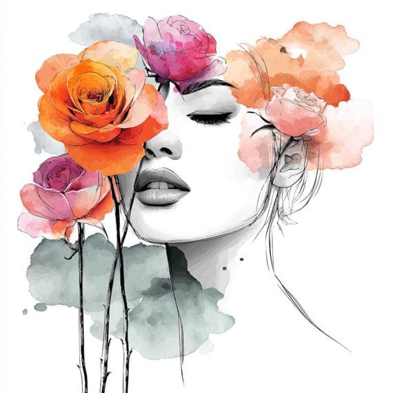 20 Floral Woman Faces Clipart (JPG) – Watercolor Line Art Portraits fo — view 5 — watercolor clipart transparent PNG instant download