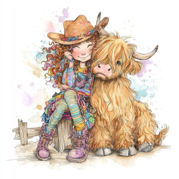 12 Quirky Cowgirl and Highland Cow Clip Art Set β watercolor clipart transparent PNG instant download