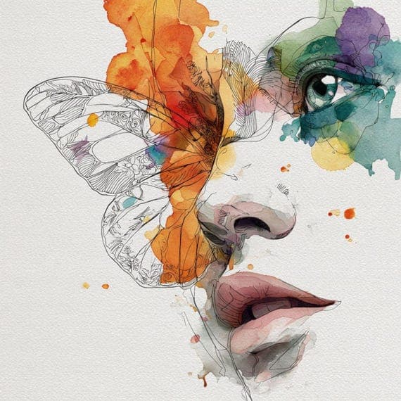 Watercolor Butterfly Woman Clipart – Floral Portrait Illustrations — view 3 — watercolor clipart transparent PNG instant download