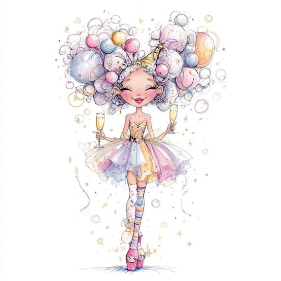 Quirky Birthday Lady Clipart – Watercolor Party Art (JPG) — view 4 — watercolor clipart transparent PNG instant download