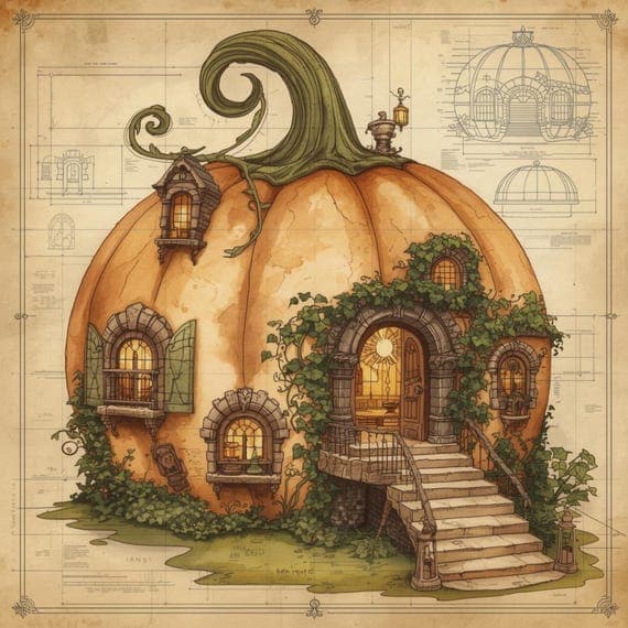 Retro Pumpkin House Blueprint Art , Printable Halloween Wall Decor , F β view 5 β watercolor clipart transparent PNG instant download