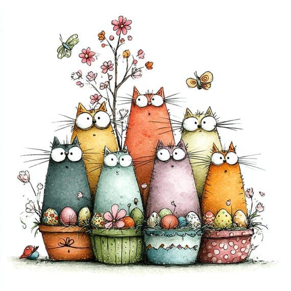 20 Whimsical Spring Cat Clipart PNG β view 2 β watercolor clipart transparent PNG instant download