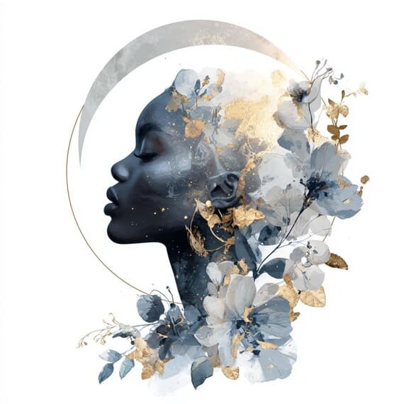 Celestial Woman Clipart – Blue & Gold Floral Faces (JPG) — view 2 — watercolor clipart transparent PNG instant download