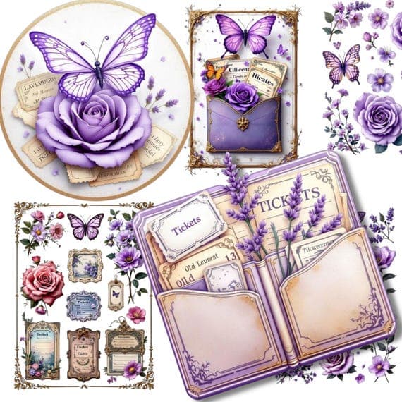 Purple Ephemera Kit, Vintage Junk Journal Pages (Digital Download) β view 8 β watercolor clipart transparent PNG instant download