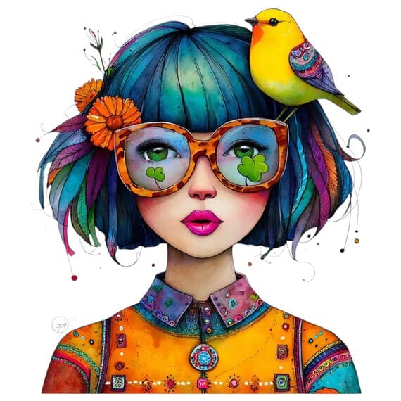 12 Whimsical Girl with Bird and Flowers – Colorful Art Print for Kids — view 2 — watercolor clipart transparent PNG instant download