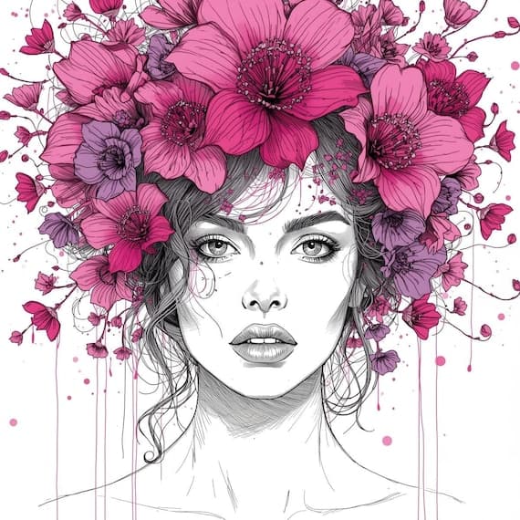 Floral Woman Face Line Art Clipart β view 2 β watercolor clipart transparent PNG instant download