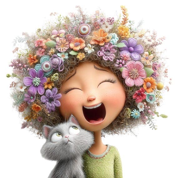 Whimsical Girl and Cat Clipart – Floral Hair Art (JPG) — view 6 — watercolor clipart transparent PNG instant download