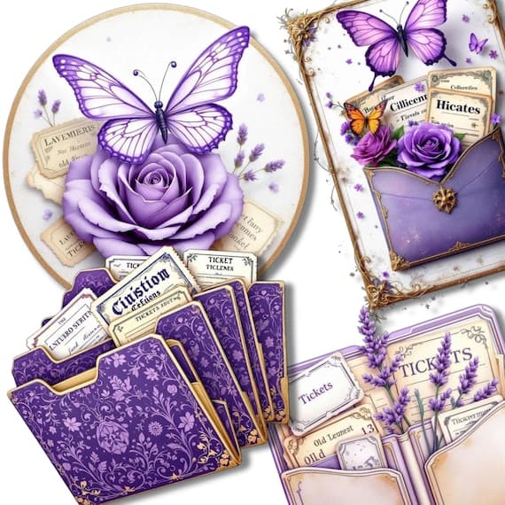 Purple Ephemera Kit, Vintage Junk Journal Pages (Digital Download) β view 2 β watercolor clipart transparent PNG instant download