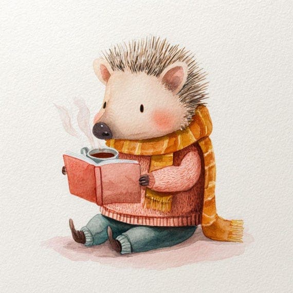 Cozy Animal Watercolor Clipart – Coffee, Reading (Digital Download) — view 7 — watercolor clipart transparent PNG instant download