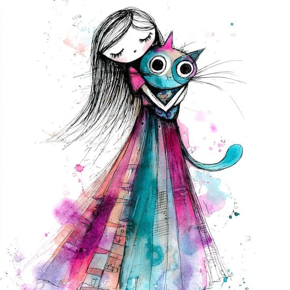 Girl and Cat Watercolor Clipart β view 7 β watercolor clipart transparent PNG instant download