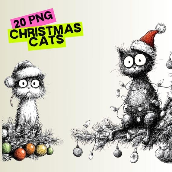 20 Quirky Christmas Cat Clipart (PNG JPG) β watercolor clipart transparent PNG instant download