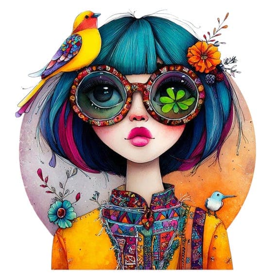 12 Whimsical Girl with Bird and Flowers – Colorful Art Print for Kids — view 7 — watercolor clipart transparent PNG instant download