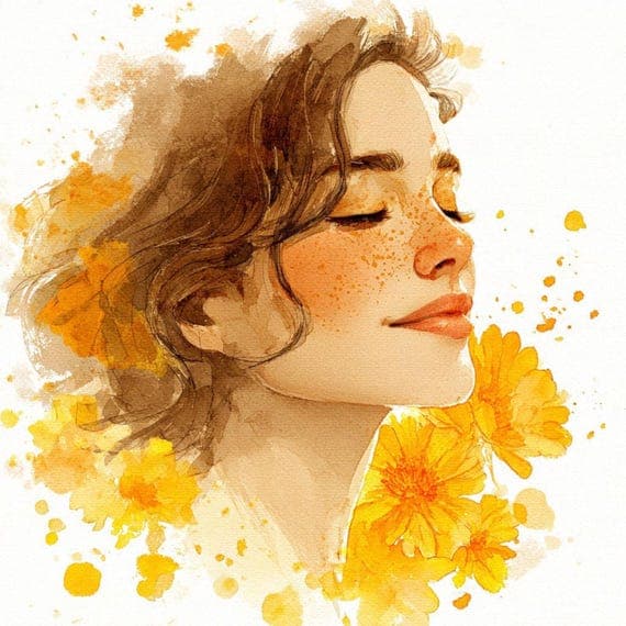 15 Golden Bloom Woman Faces Clipart (JPG) – Warm Watercolor Floral Por — view 5 — watercolor clipart transparent PNG instant download
