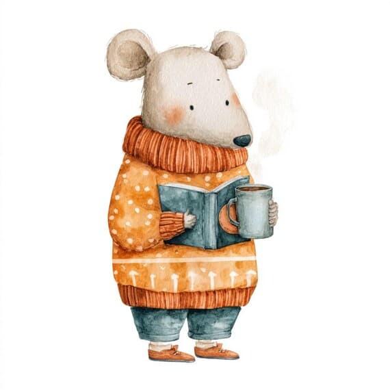 Cozy Animal Watercolor Clipart – Coffee, Reading (Digital Download) — view 3 — watercolor clipart transparent PNG instant download