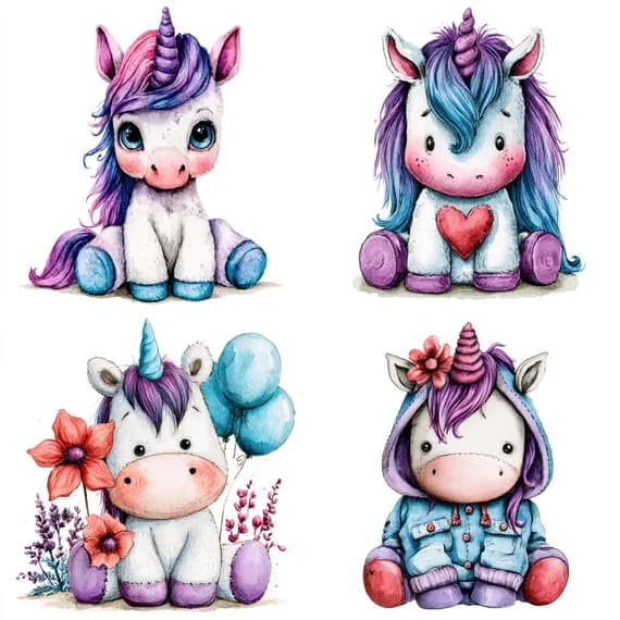 21 Whimsical Baby Unicorn Clipart PNG β watercolor clipart transparent PNG instant download