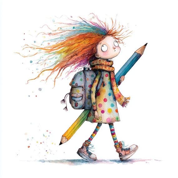Whimsical First Day of School Girl Clipart β view 6 β watercolor clipart transparent PNG instant download