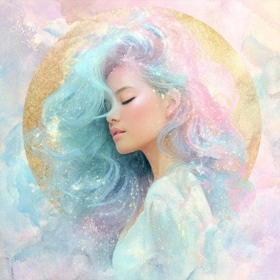 15 Silver Dream Oracle Woman Faces Clipart (JPG) – Celestial Pastel Go — view 5 — watercolor clipart transparent PNG instant download