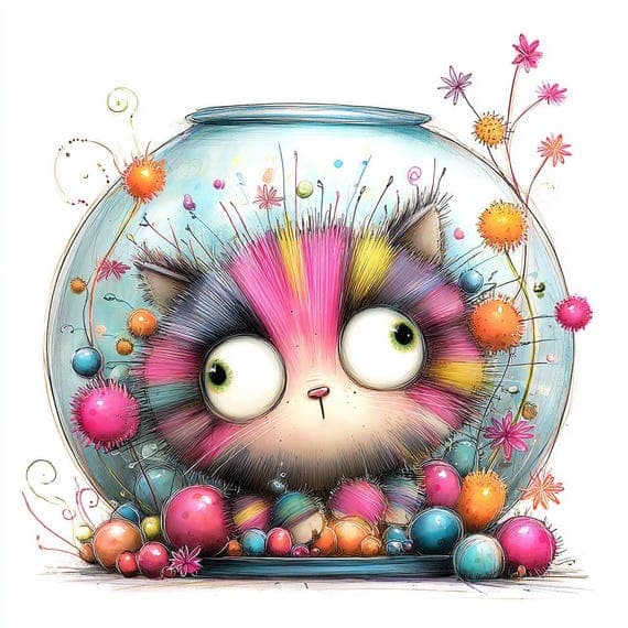 Abstract Whimsical Cat Clipart , 10 Colorful Kitty Fishbowl Art , Prin β view 4 β watercolor clipart transparent PNG instant download