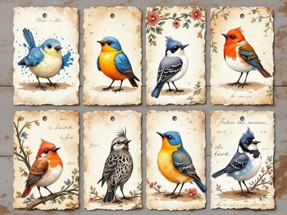Vintage Bird Ephemera, Printable Bird Cards, Junk Journal Tags (Digita β view 3 β watercolor clipart transparent PNG instant download