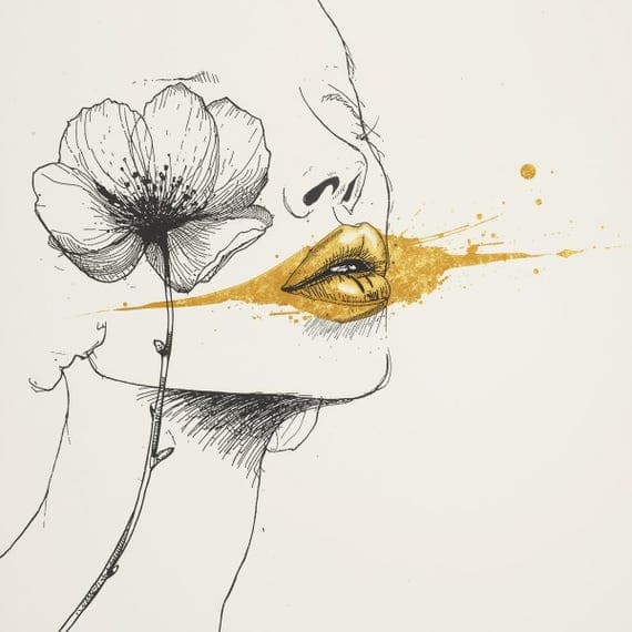 Golden Lips Floral Line Art β view 5 β watercolor clipart transparent PNG instant download