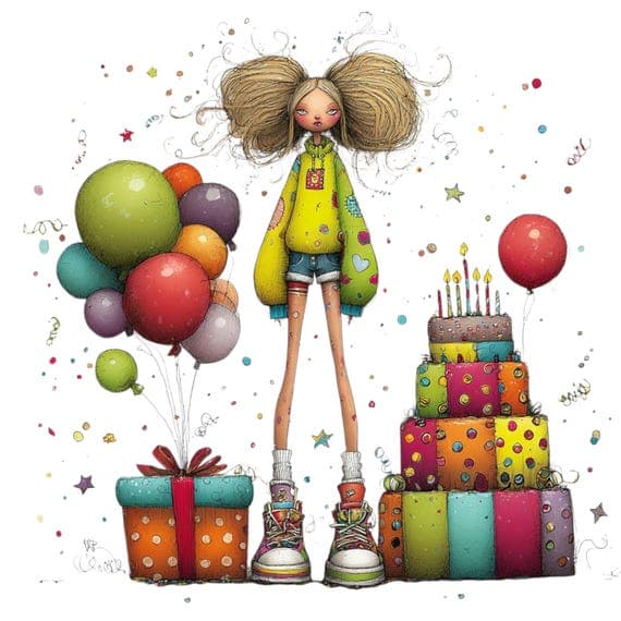 15 Quirky Birthday Girl Clipart Bundle – Fun Cake & Balloon Illustrati — watercolor clipart transparent PNG instant download