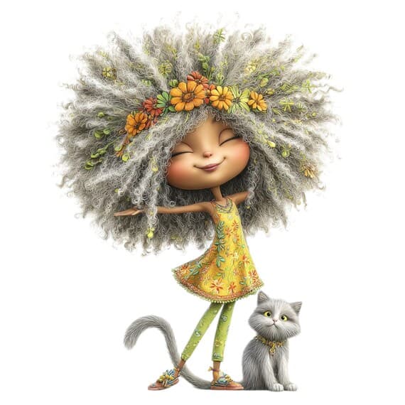Whimsical Girl and Cat Clipart – Floral Hair Art (JPG) — view 3 — watercolor clipart transparent PNG instant download