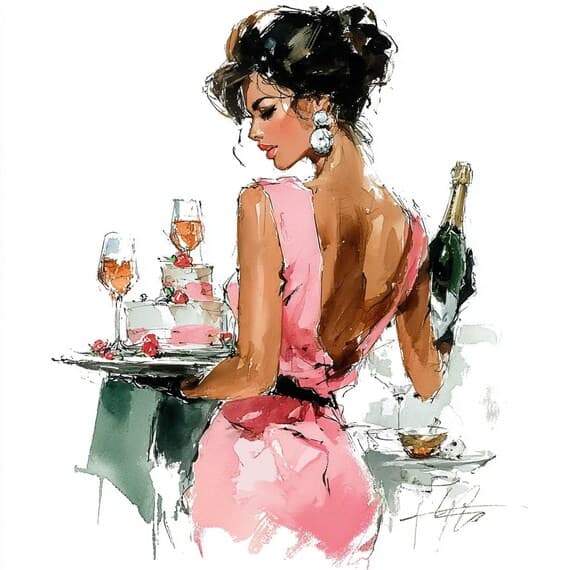 15 Fashion Illustration Set, Elegant Women with Cake and Wine Art, Wat — view 6 — watercolor clipart transparent PNG instant download
