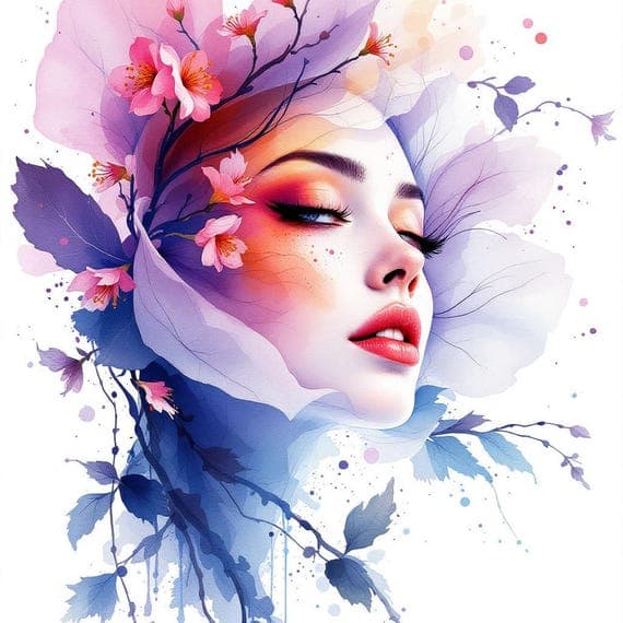 Floral Woman Face Watercolor Clipart – Violet PNG Images (Digital Down — view 7 — watercolor clipart transparent PNG instant download