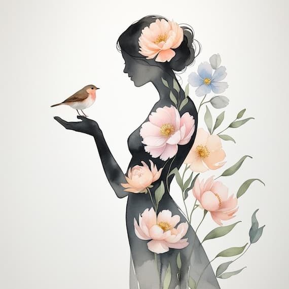 Floral Woman & Bird Watercolor Clipart β view 2 β watercolor clipart transparent PNG instant download