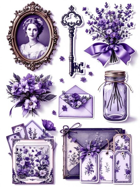 Violet Ephemera Kit, 500+ Purple Scrapbook Collage Elements (Digital D β view 7 β watercolor clipart transparent PNG instant download