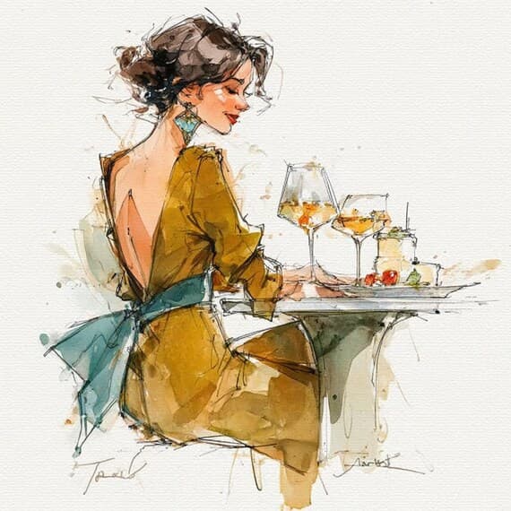 15 Watercolor Fashion Illustrations, Elegant Women with Wine and Cake, — view 5 — watercolor clipart transparent PNG instant download