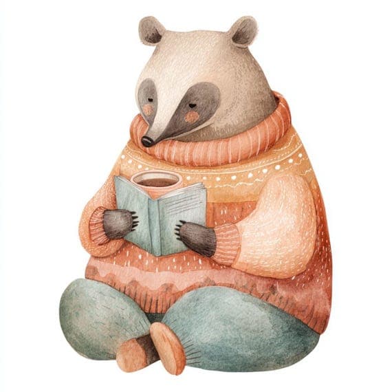 Cozy Animal Watercolor Clipart – Coffee, Reading (Digital Download) — view 5 — watercolor clipart transparent PNG instant download